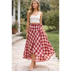Free People Red Plaid Wrap Skirt Size M Boho Asymmetrical Tie Waist Midi